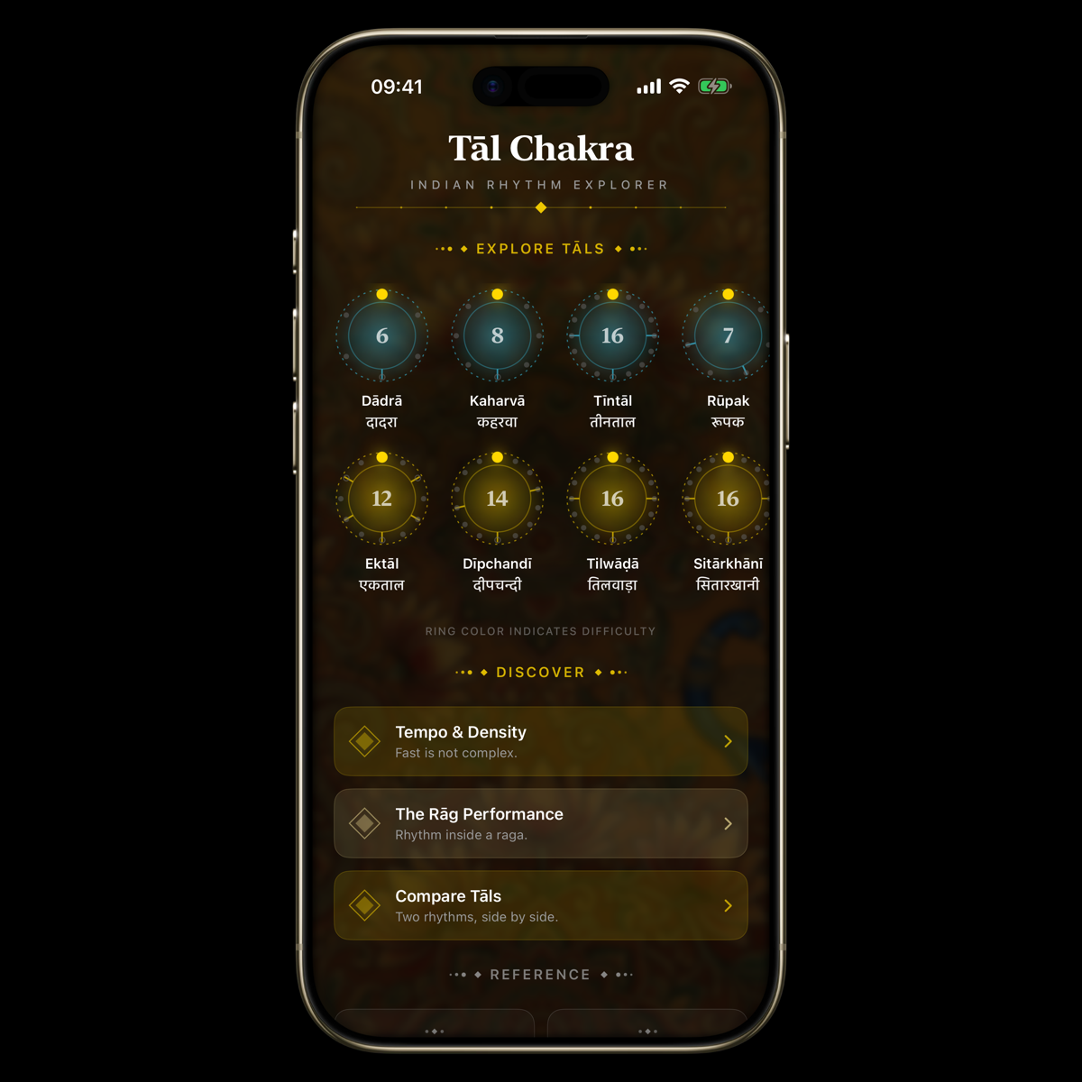 Tāl Chakra main screen showing Tīntāl on an interactive rhythm circle