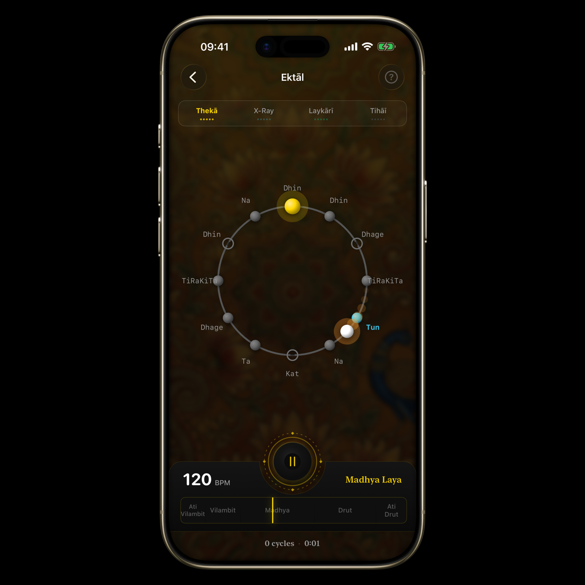 Tīntāl drawn as a circle with bols on each beat