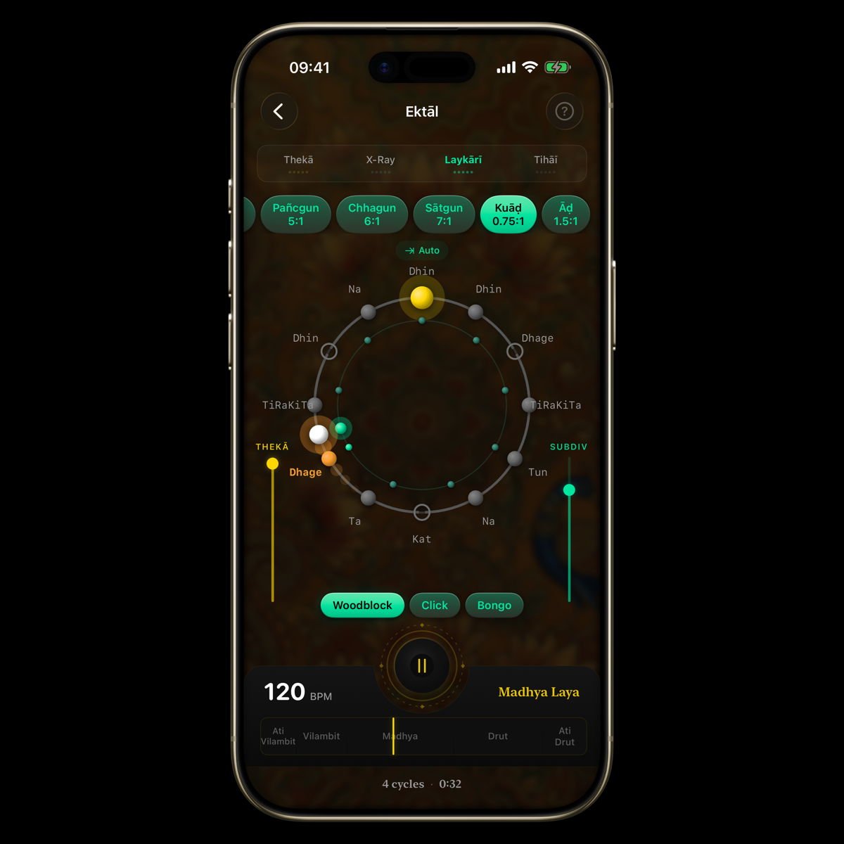 Laykārī Lab showing subdivision ratios against the tāl cycle